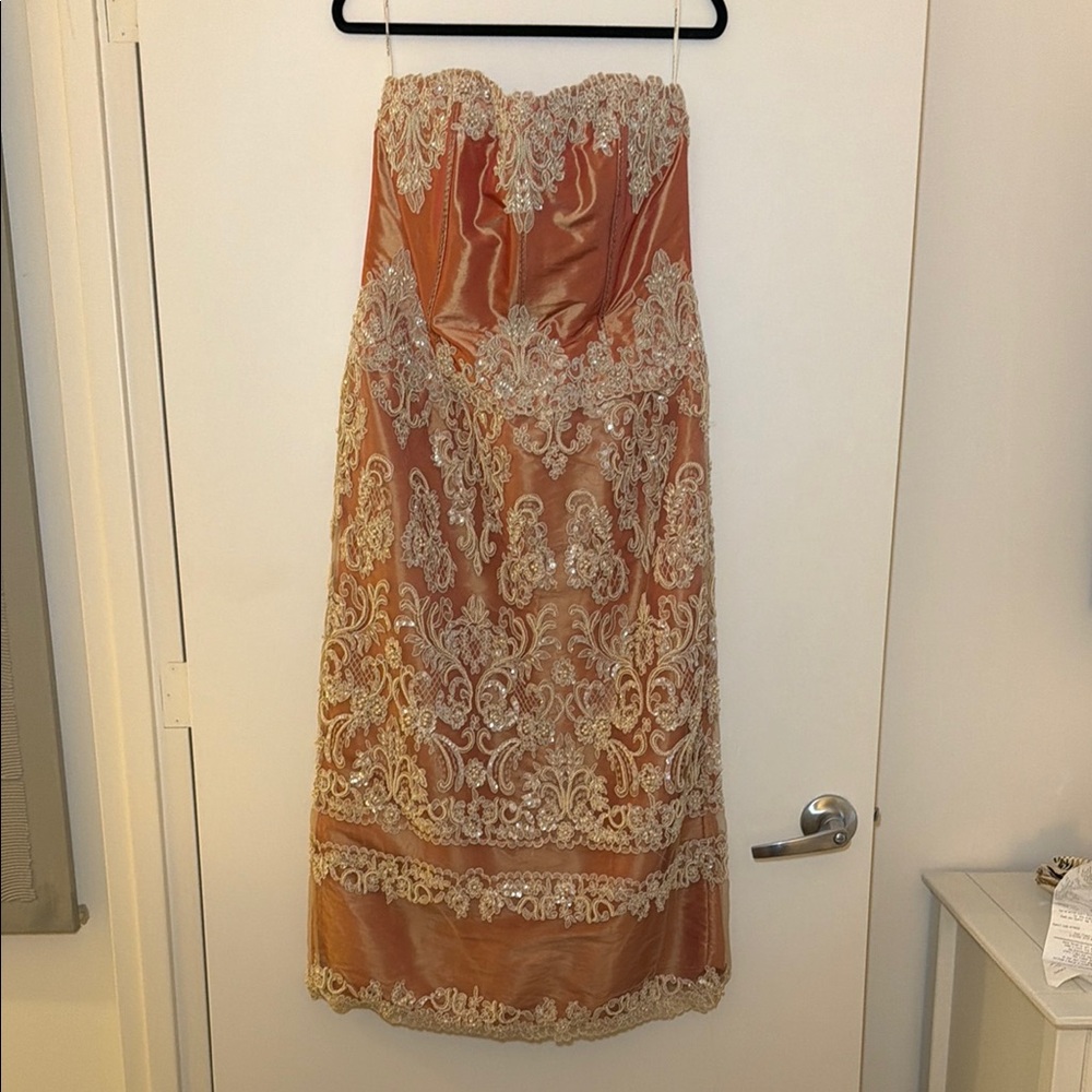 Vintage Jovani strapless lace pearl sequin sheath embellished gown dress